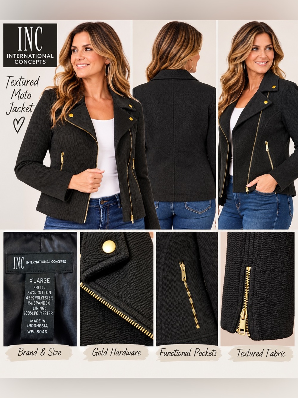 INC International Concepts XL Black Textured Moto Jacket Gold Hardware Zip
